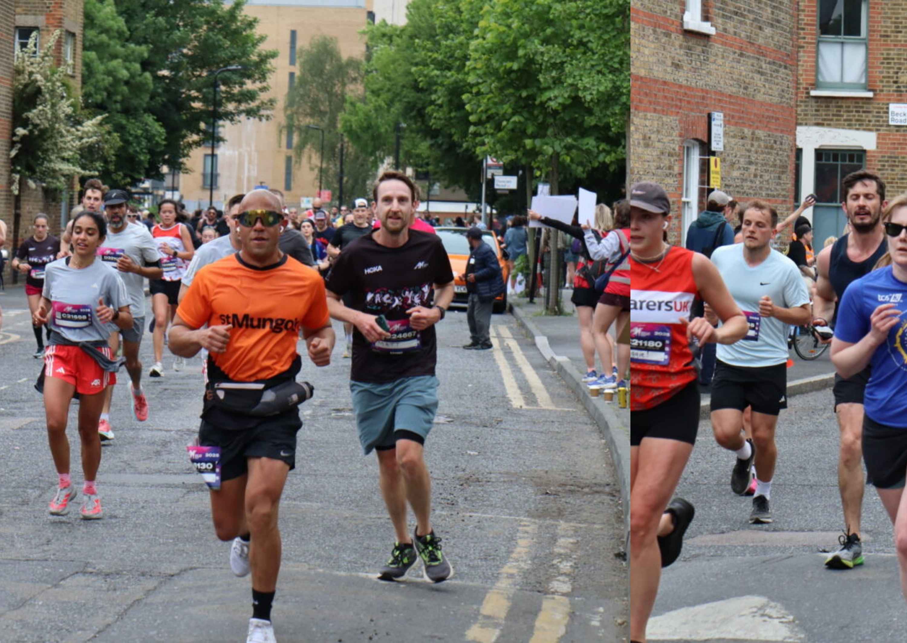 A group of runners with focus on a male runner wearing the orange St Mungo's tee shirt, sun glasses and smiling while running.