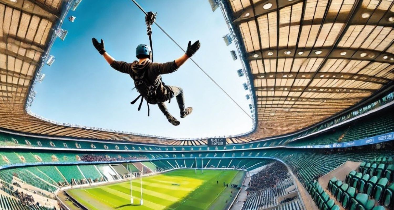 Image of a man on a zip line over Twickenham Stadium