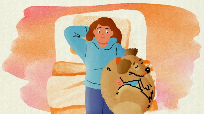 Animation of a person lying down with their dog
