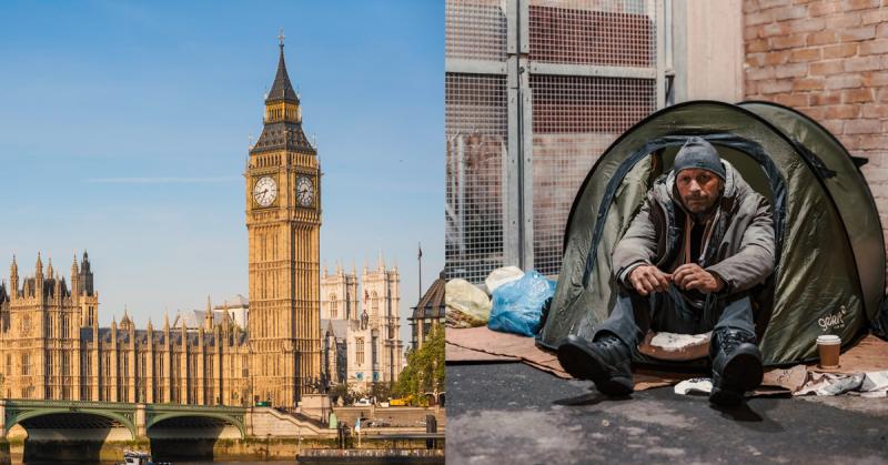 Split image. (left) The houses of parliament. (right) A man sitting in the doorway of a tent.